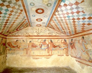 Etruskisches Grab der Leoparden, Fresko mit Bankettszene, Tarquinia. 5. Jahrhundert v. Chr., Italien