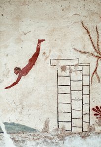 Etruskische Kunst: Ein junger Schwimmer taucht. Fresko des Grabes des „Tauchers“. (Detail) Aus dem südlichen Friedhof von Paestum. 480-470 v. Chr. Museo Archeologico Nazionale, Paestum von Etruscan