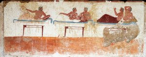 Etruskische Kunst: Bankettszene. Fresko aus dem Grab des „Tauchers“. Aus dem südlichen Friedhof von Paestum. 480-470 v. Chr.