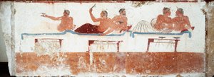 Etruskische Kunst: Bankettszene. Fresko des Grabes des „Tauchers“. Aus dem südlichen Friedhof von Paestum. 480-470 v. Chr. Museo Archeologico Nazionale, Paestum