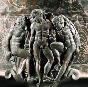 Detail des Fußes des bronzenen Ficoroni Cistus, der Herkules, Iolaos und Eros darstellt. Aus Preneste (Palestrina). 340 v. Chr. Museo Nazionale di Villa Giulia, Rom von Etruscan