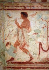 Etruskische Kunst: Fresken, die Bankettszenen darstellen, Detail eines Flötenspielers. Grab des Trikliniums. 5. Jahrhundert v. Chr. Nationales Archäologisches Museum von Tarquinia, Italien von Etruscan