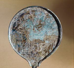 Etruskische Kunst: Rückseite eines Bronzespiegels: Aphrodite überredet Helena, Paris nach Troja zu folgen. 5. Jahrhundert v. Chr. Rom, Museo Nazionale di Villa Giulia von Etruscan