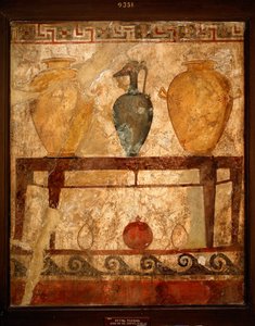 Etruskische Kunst: Tisch mit Vasen mit Opfergaben. Fresko aus dem Friedhof von Paestum. 4. Jahrhundert v. Chr. Museo Archeologico Nazionale, Neapel, Italien