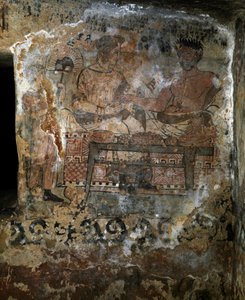 Etruskische Zivilisation: Larth Velcha und seine Frau Velia Seithi dargestellt bei einem Bankett auf einem Fresko des Grabes der „Schilde“ (tomba degli scudi) 340 v. Chr. Nekropole von Monterozzi, Tarquinia, Italien von Etruscan