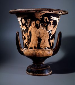 Etruskische Zivilisation: Terrakotta-Kraterdekor des Malers von Nazzano, der Apollo und eine Mänade darstellt, 350 v. Chr. Dim 57 cm, Vom Fundort Civita Castellana