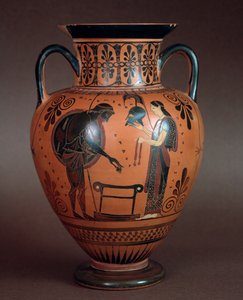 Etruskische Zivilisation: Terrakotta-Hydria, die Thetis zeigt, wie sie ihrem Sohn Achilles Waffen übergibt, 550-500 v. Chr. Aus Cerveteri, Italien