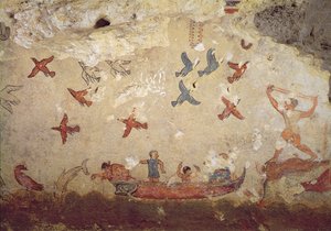 Fischer in einem Boot und fliegende Vögel, aus dem Grab des Fischens und Jagens, ca. 520-510 v. Chr. von Etruscan