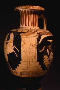 Hydria vom Maler der Biga Vaticana, Detail des Aedikula mit Maler bei der Arbeit
