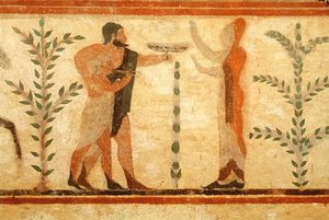 Mann und Kind vor dem toten Heroisee, aus dem Grab des Barons, ca. 500 v. Chr. (Wandmalerei) (Detail) von Etruscan