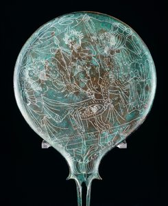 Spiegel, der eine Bankettszene darstellt, Bronze-Artefakt aus Preneste (Latium). Etruskische Zivilisation, 4. Jahrhundert v. Chr. von Etruscan