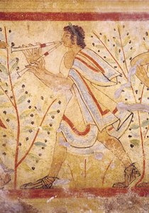 Musiker, der die Pfeifen spielt, aus dem Grab des Leoparden, ca. 490 v. Chr. (Detail) von Etruscan