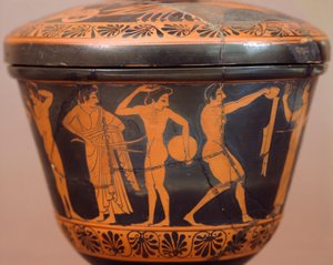Pyxis mit Athleten, die Diskus und andere Disziplinen ausführen. Rotfigurige Keramik, aus Cerveteri (Latium). Etruskische Zivilisation, 4. Jahrhundert v. Chr. von Etruscan
