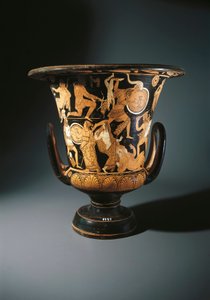 Rotfigurige Keramik, Kelchkrater, der Neoptolemus, Astyanax, Helena von Troja und Priamos am Boden darstellt, vom Nazzano-Maler, aus Civita Castellana