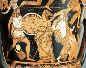 Rotfigurige Keramik, Detail eines Kraters, der Menelaos zeigt, der Aphrodite gegenübersteht, als er Helena erreicht, aus Civita Castellana, antikes Falerii, Provinz Rom, Italien von Etruscan
