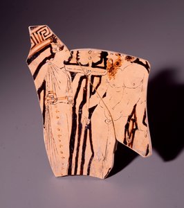 Terrakotta-Fragment einer Kylix mit Darstellung einer Mänade und eines Satyrs, 350 v. Chr. von Etruscan