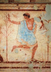 Grab des Triclinium, Detail eines Freskos, das einen Tänzer darstellt, Tarquinia, Italien (Wandmalerei) von Etruscan