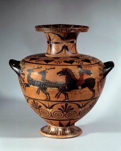 Keramische Hydrie mit schwarzen Figuren, genannt Caere. Vorderseite: Hirschjagd Rückseite: zwei Stiere galoppieren in entgegengesetzte Richtung. Ca. 540-530 v. Chr. Paris, Louvre