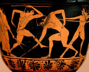 Etruskische Kunst: Pyxis dekoriert mit einer Palestra-Szene, Athleten üben Speerwerfen aus Cerveteri. Rom, Museo di Villa Giulia