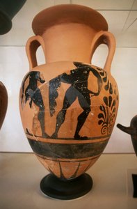Etruskische schwarzfigurige Vase, aus der archäologischen Stätte Roselle, Toskana, Italien