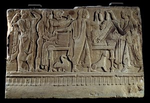 Etruskische Antike: Platte eines Grabsteins. Ausstellung der Verstorbenen auf ihrem Totenbett. Paris, Musée du Louvre von Etruscan Etruscan