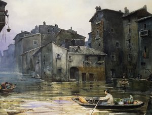 Via della Fiumara überflutet in Rom, von Ettore Roesler Franz (1845-1907), Aquarell, Italien von Ettore Roesler Franz