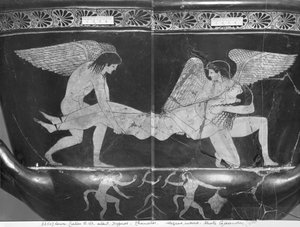 Attischer rotfiguriger Kelchkrater, der Hypnos und Thanatos zeigt, die den Körper von Sarpedon tragen