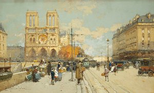 Figuren auf einer sonnigen Pariser Straße, Notre Dame links von Eugene Galien Laloue