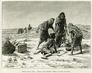 Begraben im Sand. Gravur von Eugene Girardet zur Illustration der Geschichte „Fünf Monate bei den nomadischen Mauren der westlichen Sahara“ von Camille Douls, veröffentlicht in Le Tour du monde 1888 von Eugene Alexis Girardet