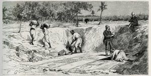 Ausgrabungen auf dem christlichen Friedhof von Lamta, mit beiden Missionsbeauftragten. Gravur von Eug. Girardet, zur Illustration der Geschichte "Die Reise nach Tunesien" von Rene Cagnat von Eugene Alexis Girardet
