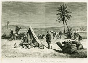 Lager der Reisenden in der Nähe von Tozeur. Gravur von Eugene Girardet zur Illustration der Geschichte „Reise nach Tunesien“ von R. Cagnat und H. Saladin, in Le Tour du monde 1886, herausgegeben von Edouard Charton (1807-1890), Hachette, Paris. von Eugene Alexis Girardet