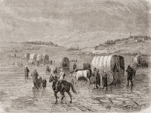 Ein Wagenzug, der in den 1860er Jahren nach Westen zieht, graviert von Stephane Pannemaker (1847-1930) von Eugene Antoine Samuel Lavieille