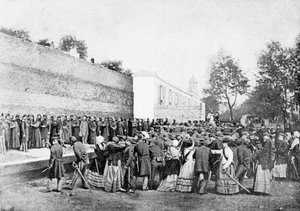 Rekonstruktion des Massakers an 62 Geiseln in der Rue Haxo, Belleville, Paris, 1871