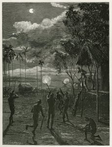 Dr. Harmand wird mitten in der Nacht durch das Geräusch der Gewehre der einheimischen Khas geweckt, die auf den Mond schießen, der einer Mondfinsternis unterliegt, in Attopeu (Laos), Gravur von Eugene Burnand, zur Illustration der Geschichte von Laos und d von Eugene Burnand