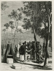 Dr. Harmand führt anthropologische Messungen an den einheimischen Khas in Attopeu (Laos) durch, Gravur von Eugene Burnand, zur Illustration der Geschichte von Laos und den wilden Bevölkerungen Indochinas von Dr. Harmand, 1877, veröffentlicht in der Tour du
