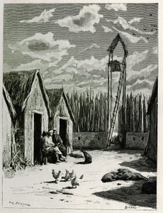 Missionarsplatz in Meuong Ngan. Gravur von Eugene Burnand zur Illustration der Geschichte „Reise in Oberlaos“, 1880, von Dr. P. Neis. Veröffentlicht in Le Tour du monde, nouveau journal des voyages, 2. Halbjahr 1885, herausgegeben von Edouard Charton (1807 von Eugene Burnand