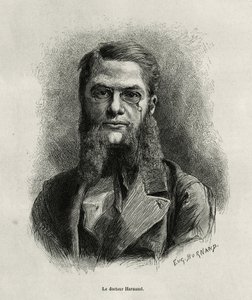 Porträt von Dr. Harmand, Gravur von Eugene Burnand, zur Illustration der Geschichte von Laos und den wilden Bevölkerungen Indochinas von Dr. Harmand, 1877, veröffentlicht in Le tour du monde, unter der Leitung von Edouard Charton von Eugene Burnand