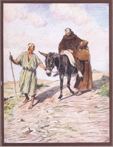 St. Franziskus steigt mit Bruder Leo nach der Einprägung der heiligen Stigmata vom Berg La Verna herab
