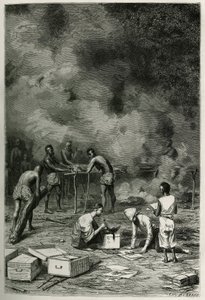 Das Trocknen von Herbariumpflanzen auf großen Bambusmatten, bevor der Arzt sie klassifiziert und in seinen Kisten aufbewahrt, Gravur von Eugene Burnand, zur Illustration der Geschichte von Laos und den wilden Bevölkerungen Indochinas von Dr. Harmand, im Ja von Eugene Burnand