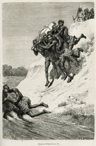 Der Durchgang des Riviere Se Touon (Se Touon), im Hintergrund ein Porträt des reisenden Erzählers, graviert nach einer Zeichnung von Eugene Burnand, zur Illustration der Geschichte von Laos und den wilden Bevölkerungen Indochinas, von Dr. Harmand, 1877, ve von Eugene Burnand
