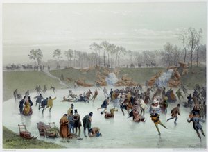 Die Skater im Bois de Boulogne Lithographie von Eugene Guerard