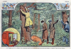 Eine T.S.F.-Gesellschaft installiert Mikrofone in Wäldern und Feldern, um den Gesang der Vögel aufzunehmen und zu übertragen. Illustration von Damblans in „Le Pelerin“ vom 21. Mai 1933. von Eugene Damblans