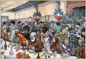 Ein Bankett für die Armen (Wohltätigkeit - Wohltätigkeitsausschuss - Katholische Hilfe - Suppe - Schirmherrin). Am Weihnachtstag 1927 organisierte Kardinal Ferrari (in Paris von Abbe Rivota geleitet) eine Messe für die Armen, gefolgt von einem Bankett mit  von Eugene Damblans