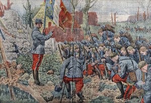 Ein Priester mit Fahne erteilt den Offizieren und Soldaten seines Regiments die Absolution, bevor sie zum Angriff aufbrechen. In „Le pèlerin“ von 1915. von Eugene Damblans