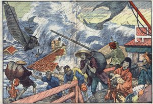 Ein Taifun trifft Japan. Illustration von Damblans. In „Le Pèlerin“ vom 2. Oktober
