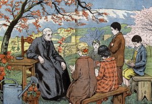 Ein Priester und zukünftige junge Leute, die ihre Kommunion empfangen werden, in einem Garten von Eugene Damblans
