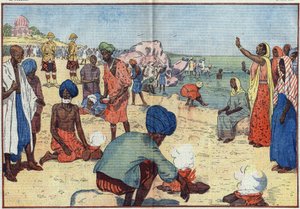 Woche des zivilen Ungehorsams in Indien gegen das Britische Empire: Am Strand von Bombay kochen Gandhi (1869-1948) und seine Anhänger Meerwasser, um Salz zu gewinnen, und verstoßen damit gegen das Gabelle-Gesetz. Frauen ermutigen sie, indem sie diesen Refr von Eugene Damblans