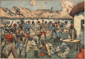 Kolonialtruppen befreien den Aoulay (Aoulai) Posten in Marokko unter Hauptmann Duboin. Illustration von Damblans. In „Le Pèlerin“ vom 7. Juni von Eugene Damblans