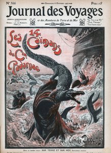 Krokodile werden von Haien verschlungen. Illustration von Damblans „Die vierzehn Kaimane von Kapitän Padarnac“ von Camille Debans (1834-1910). Eine Zeitung. Gravur im „Journal des Voyages“ von 1907. von Eugene Damblans