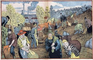 Jäger suchen nach Kohlenstücken unter den aus den Minen gewonnenen Steinen, um sich im Winter zu heizen. Ruhrgebiet, Deutschland. Illustration von Damblans. In „Le Pelerin“ vom 4. Oktober.